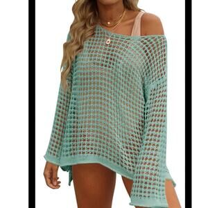 ZESICA Open Knit Crochet Beach Cover Tunic Top Seafoam Green Size M